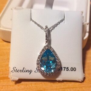 Sterling silver necklace with aqua blue charm lab created blue topaz cz  stones